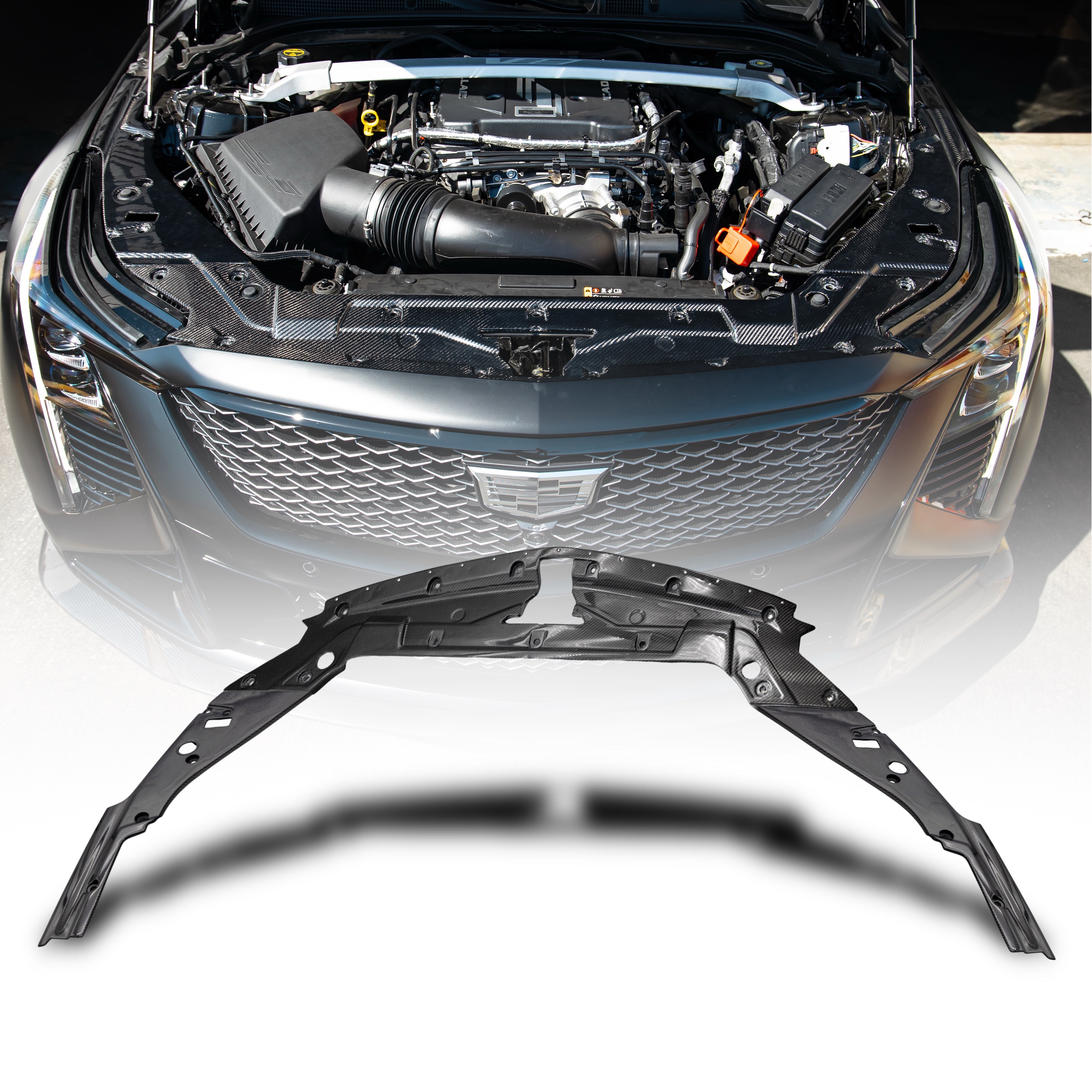 Cadillac CT5-V Blackwing Engine Panel Trim Radiator Cover Gloss Carbon Fiber 3pc Kit