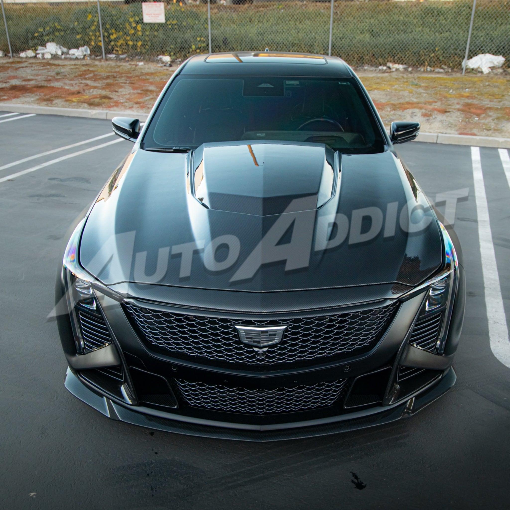 Installed Auto Addict USA Heritage Spec Hood driver-side angle on CT5-V Blackwing