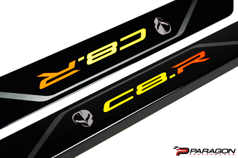 AMT C8 Corvette Carbon Flash C8R Door Sill Plate Covers - Silver w/ Jake Skull