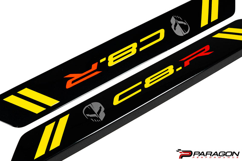 AMT C8 Corvette Carbon Flash C8R Door Sill Plate Covers - Yellow Dash