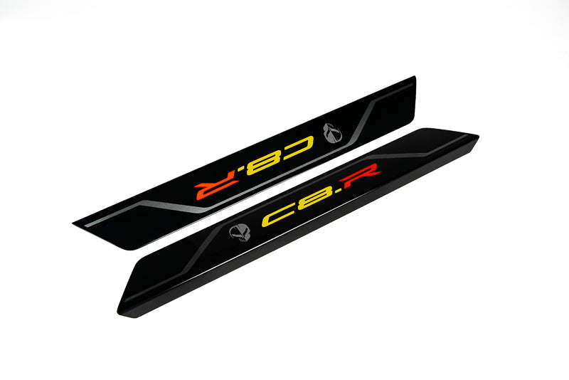 AMT C8 Corvette Carbon Flash C8R Door Sill Plate Covers - Silver w/ Jake Skull
