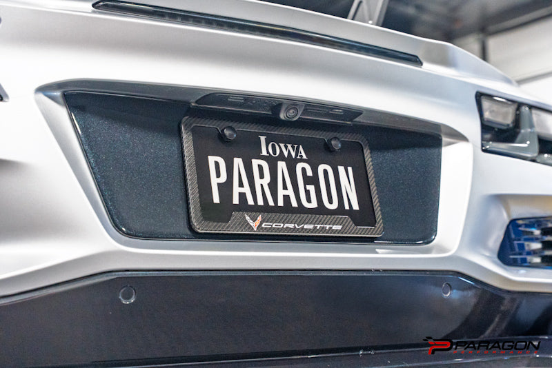 GM OEM License Plate Frame in Carbon Fiber with Corvette Crossed Flags Logo