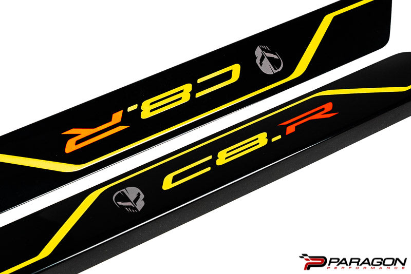 AMT C8 Corvette Carbon Flash C8R Door Sill Plate Covers - Yellow  w/ Jake Skull